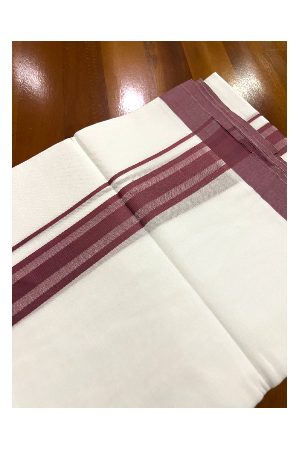 Pure White Cotton Double Mundu with Brown Line Border (South Indian Dhoti)