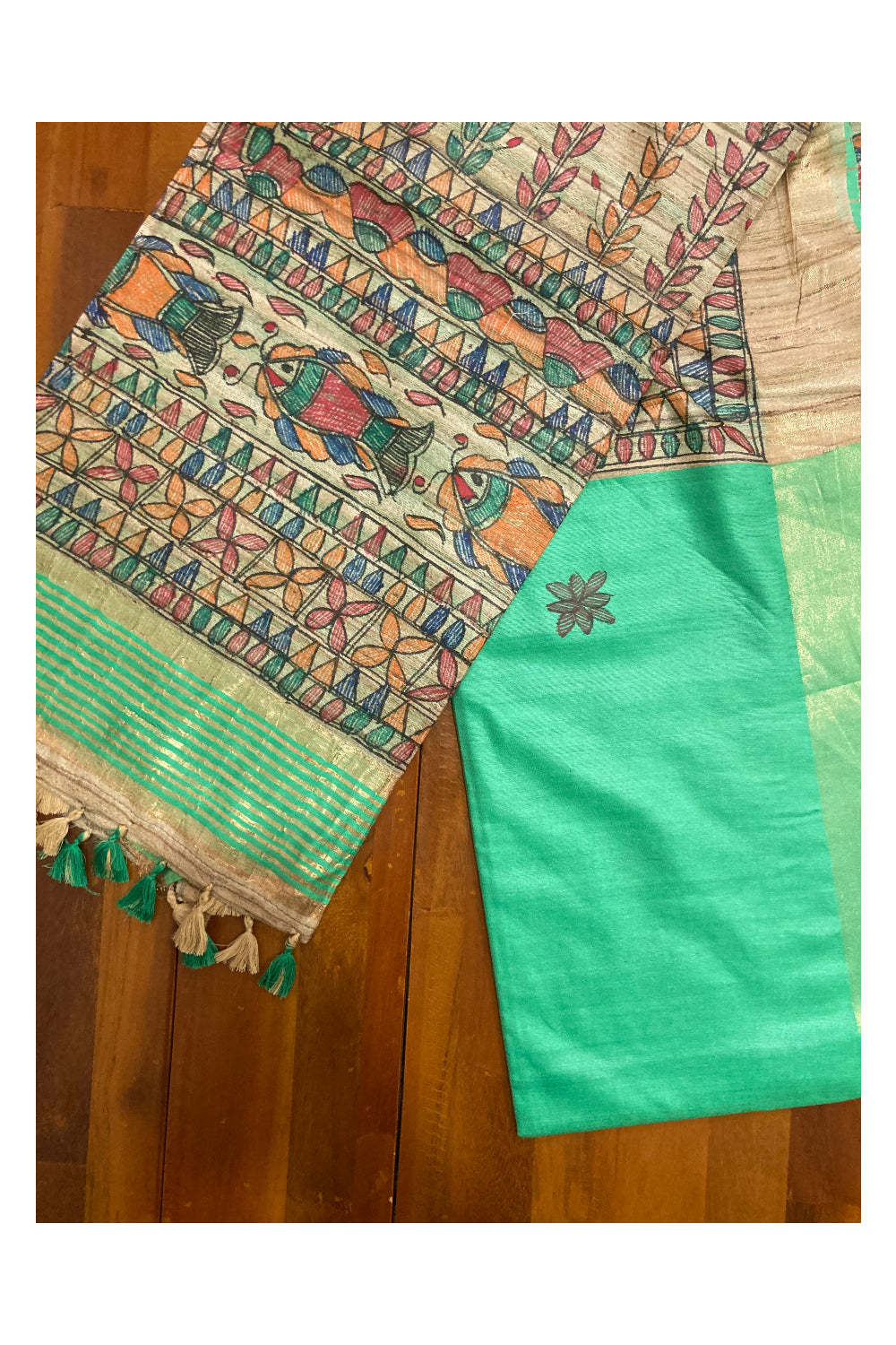 Southloom Soft Silk Green Saree with Multi-Coloured Art Works on Pallu