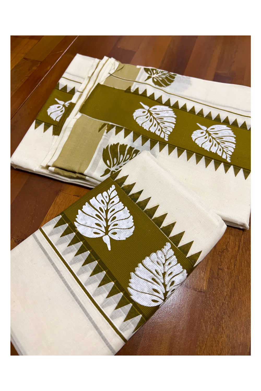 Pure Cotton Kerala Set Mundu (Mundum Neriyathum) with White Leaf Block Prints on Olive Green Temple Border