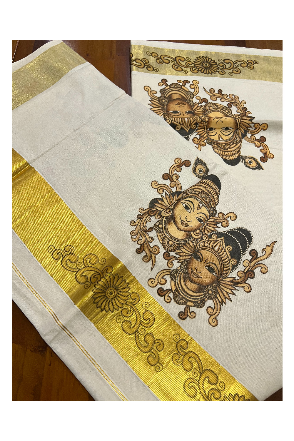 Pure Cotton Kerala Kasavu Saree with Mural Printed Brown Krishna Radha Face Art Design