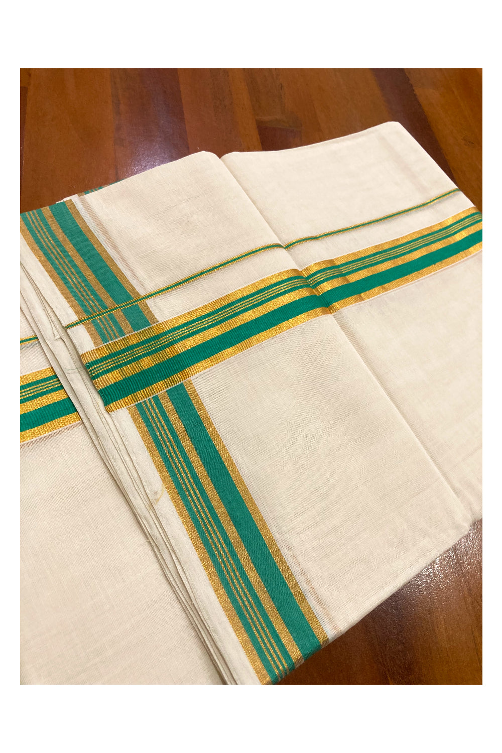 Southloom Premium Handloom Pure Cotton Mundu with Kasavu and Green Line Border (South Indian Dhoti)