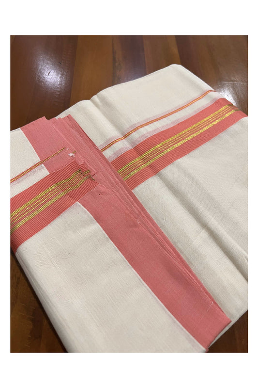 Off White Pure Cotton Double Mundu with Kasavu and Peach Kara (South Indian Dhoti)