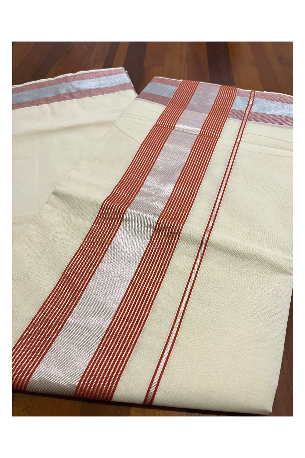 Pure Cotton Kerala Saree with Silver Kasavu and Orange Line Border