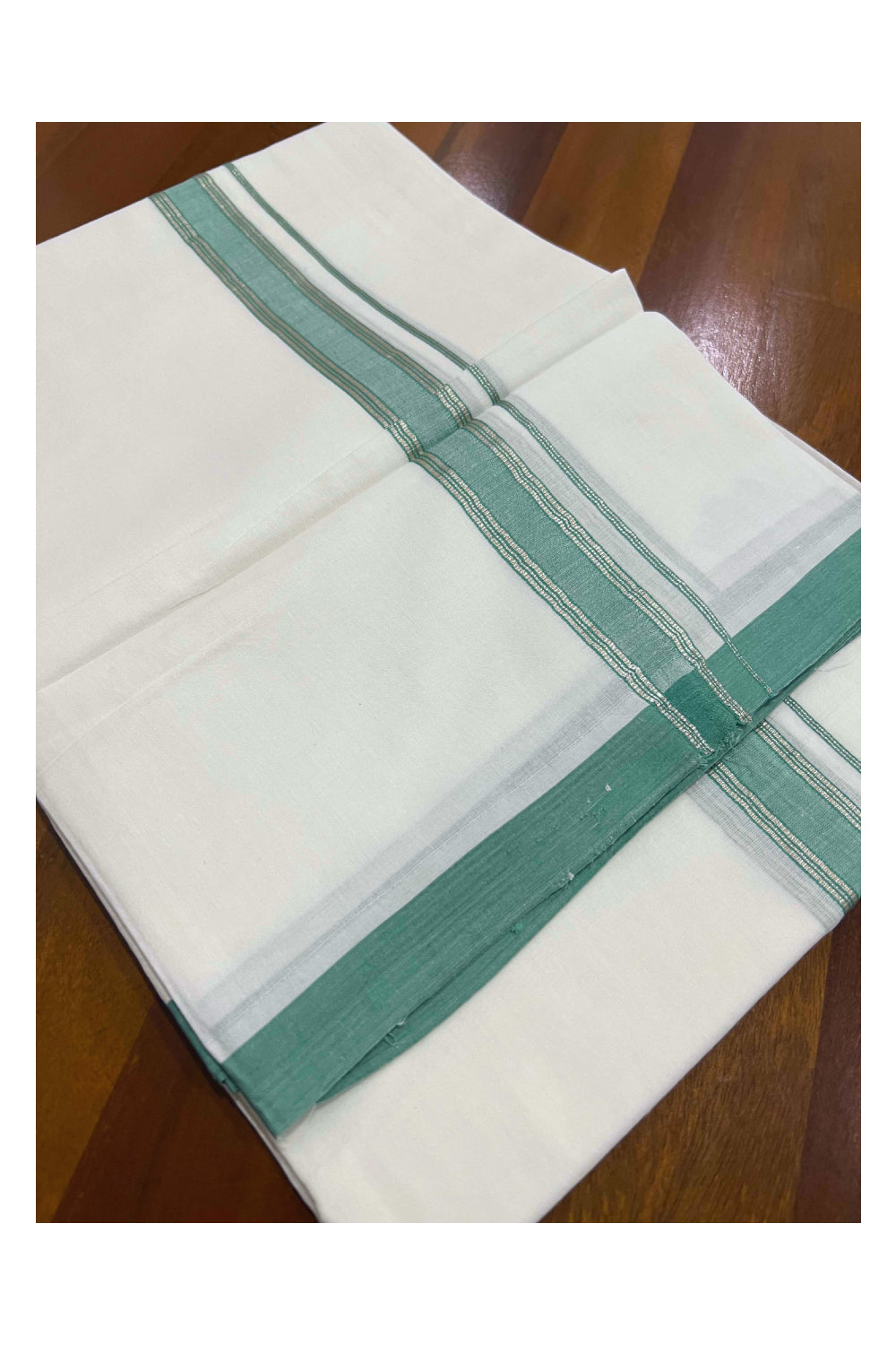 Pure White Cotton Mundu with Green and Silver Kara (South Indian Dhoti)