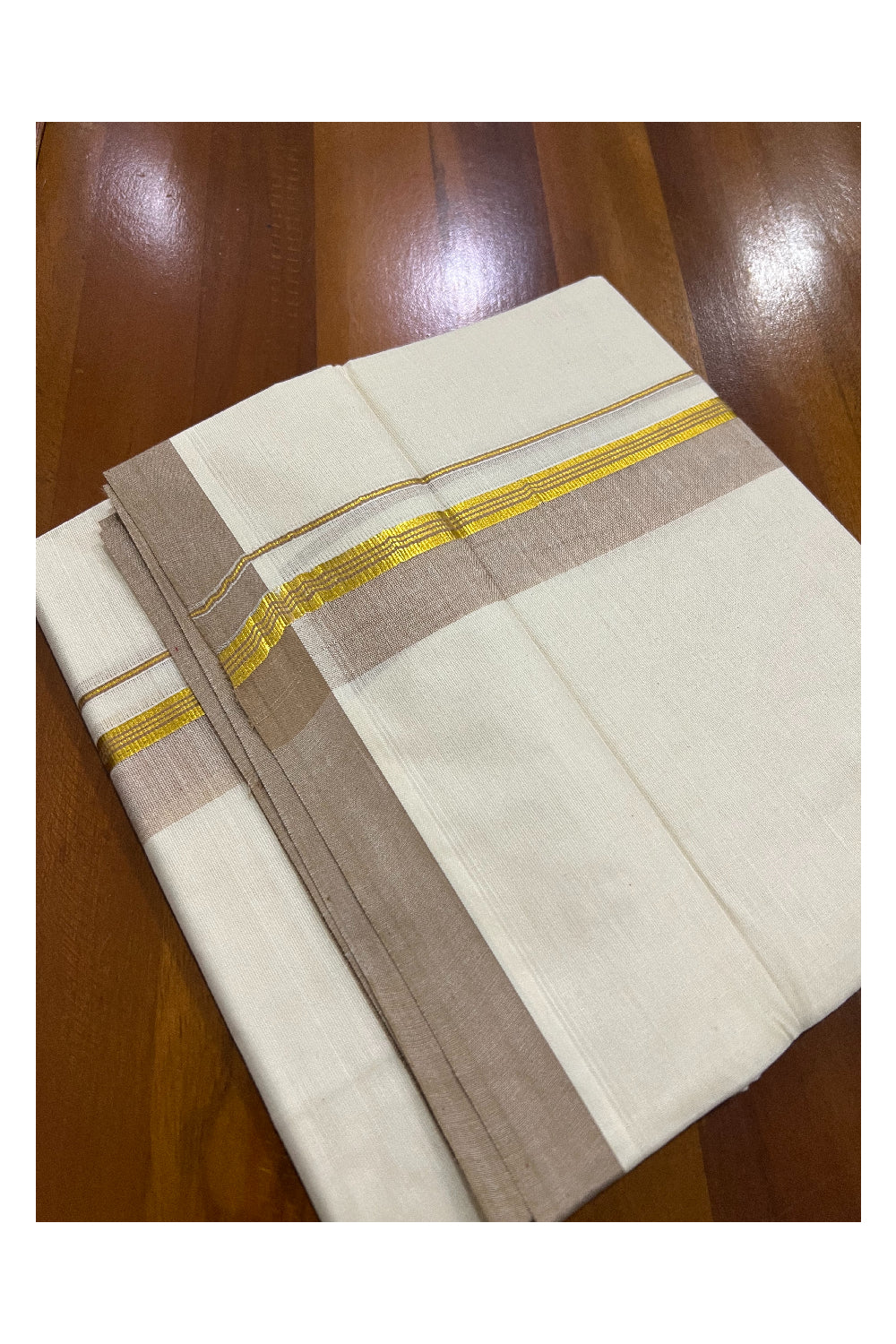 Pure Cotton Off White Double Mundu with Light Brown and Kasavu Border (South Indian Dhoti)