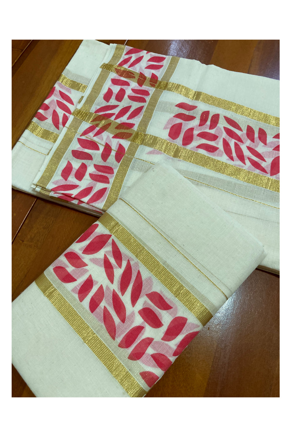 Kerala Cotton Kasavu Set Mundu (Mundum Neriyathum) with Pink Block Prints on Border