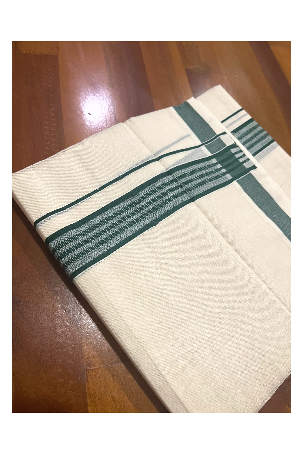 Pure Cotton Off White Double Mundu with Green Border (South Indian Dhoti)