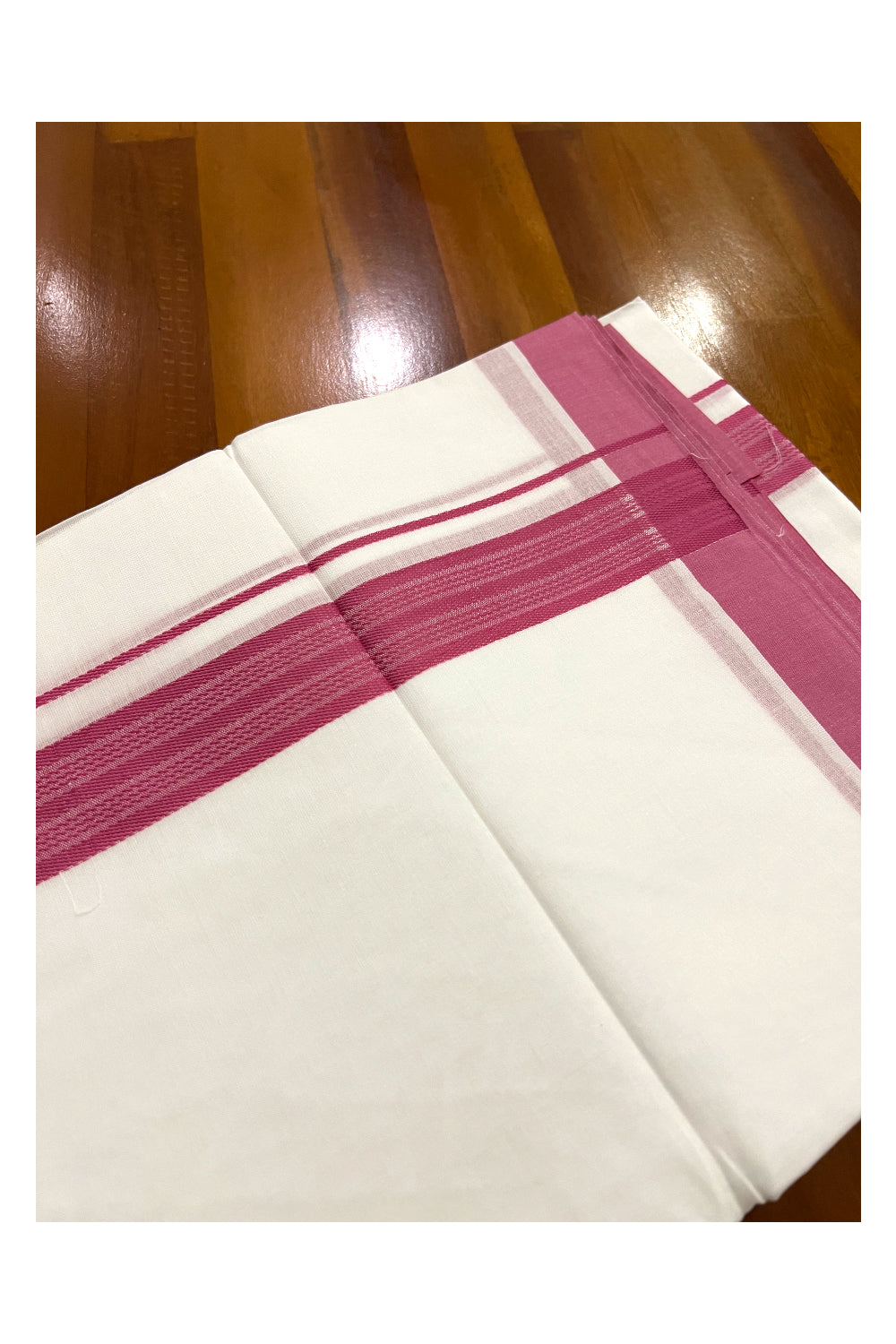 Pure White Cotton Double Mundu with Onion Pink Border (South Indian Dhoti)