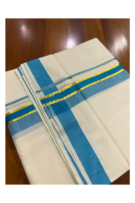 Off White Pure Cotton Double Mundu with Kasavu and Light Blue Kara (South Indian Dhoti)