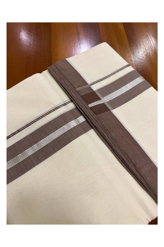 Southloom Super Premium Unakkupaavu Handloom Double Mundu with Brown and Silver Kasavu Border