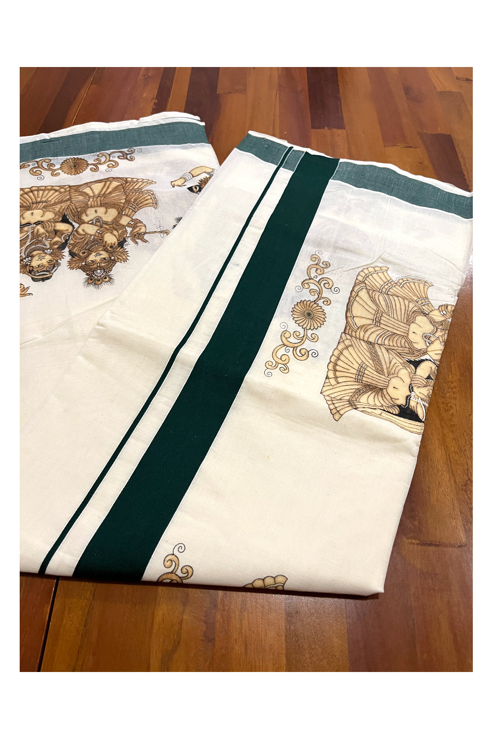 Kerala Pure Cotton Saree with Brown Krishna Radha Prints and Green Border