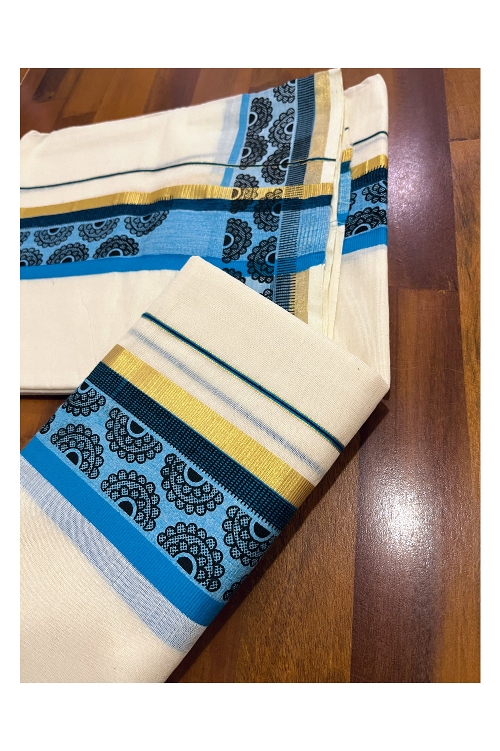 Kerala Cotton Single Kasavu Set Mundu (Mundum Neriyathum) with Block Prints on Blue Border