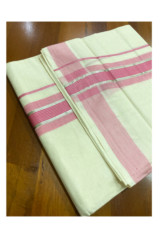 Off White Pure Cotton Double Mundu with Silver Kasavu and Pink Border (South Indian Dhoti)