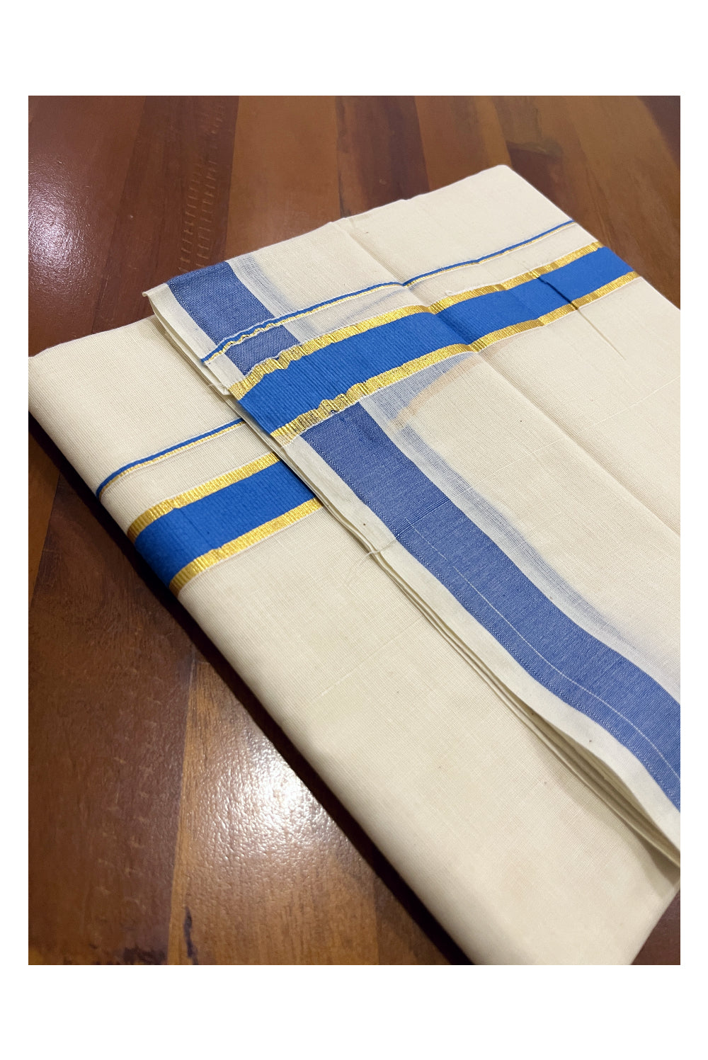 Pure Cotton Double Mundu with Kasavu Blue Kara (South Indian Dhoti)