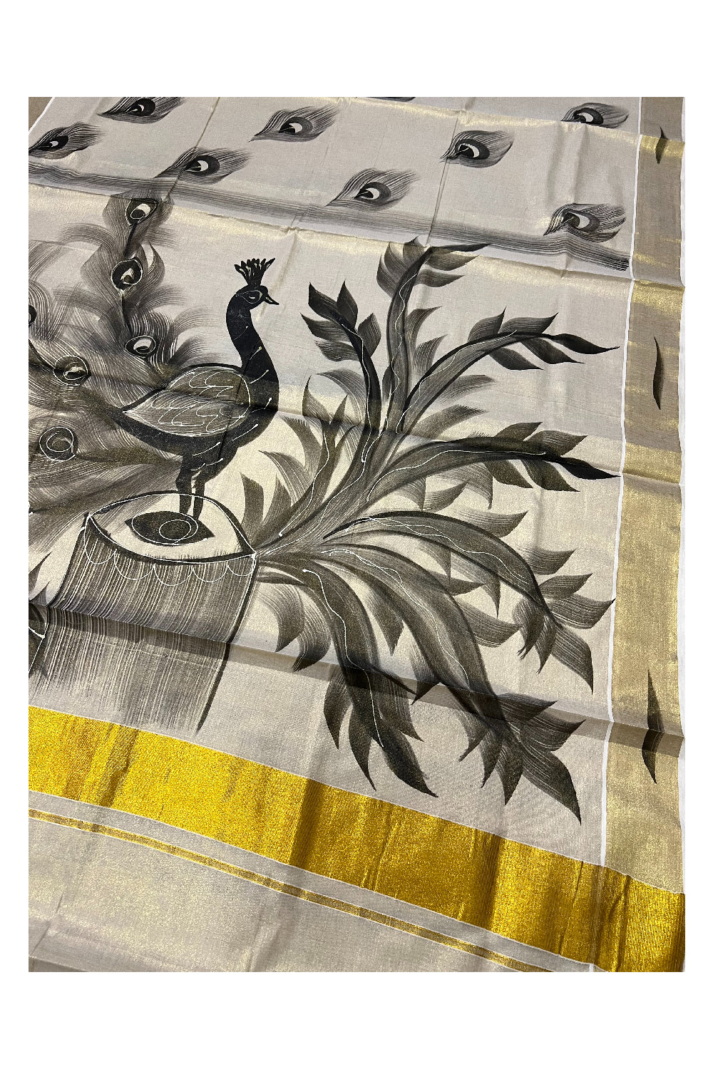 Kerala Tissue Kasavu Saree with Black Hand Painted Peacock Design