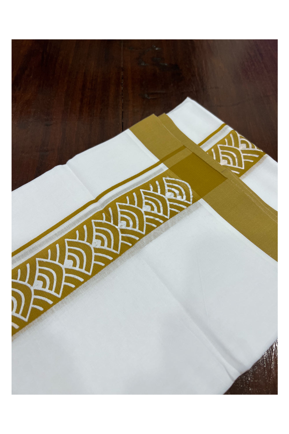 Pure White Cotton Double Mundu with Mustard Yellow Block Printed Border (South Indian Kerala Dhoti)