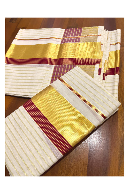 Kerala Cotton Set Mundu (Mundum Neriyathum) with Kasavu Lines on Body and Maroon Border 2.80 Mtrs