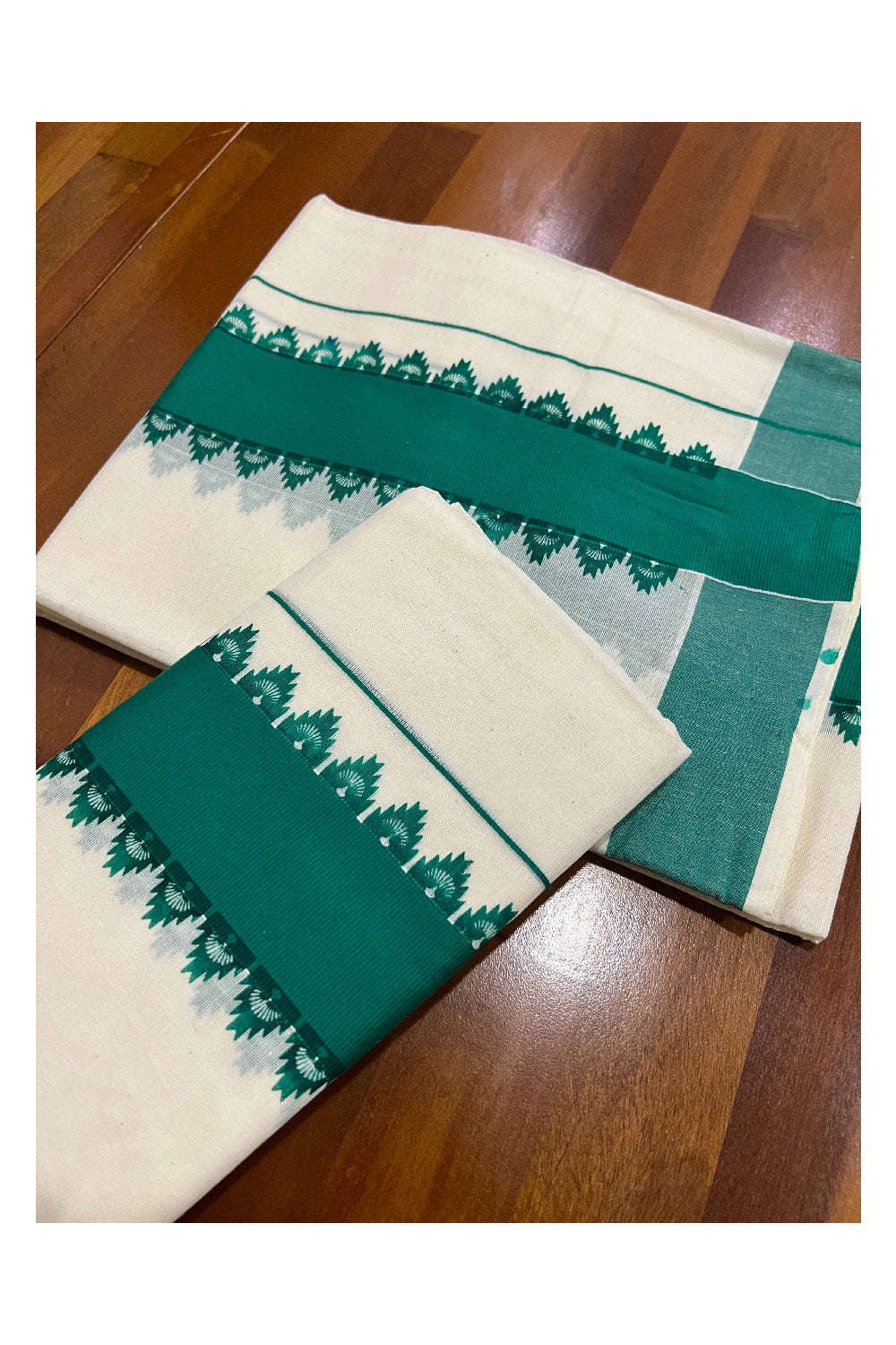 Pure Cotton Set Mundu (Mundum Neriyathum) with Green Temple Block Prints Border