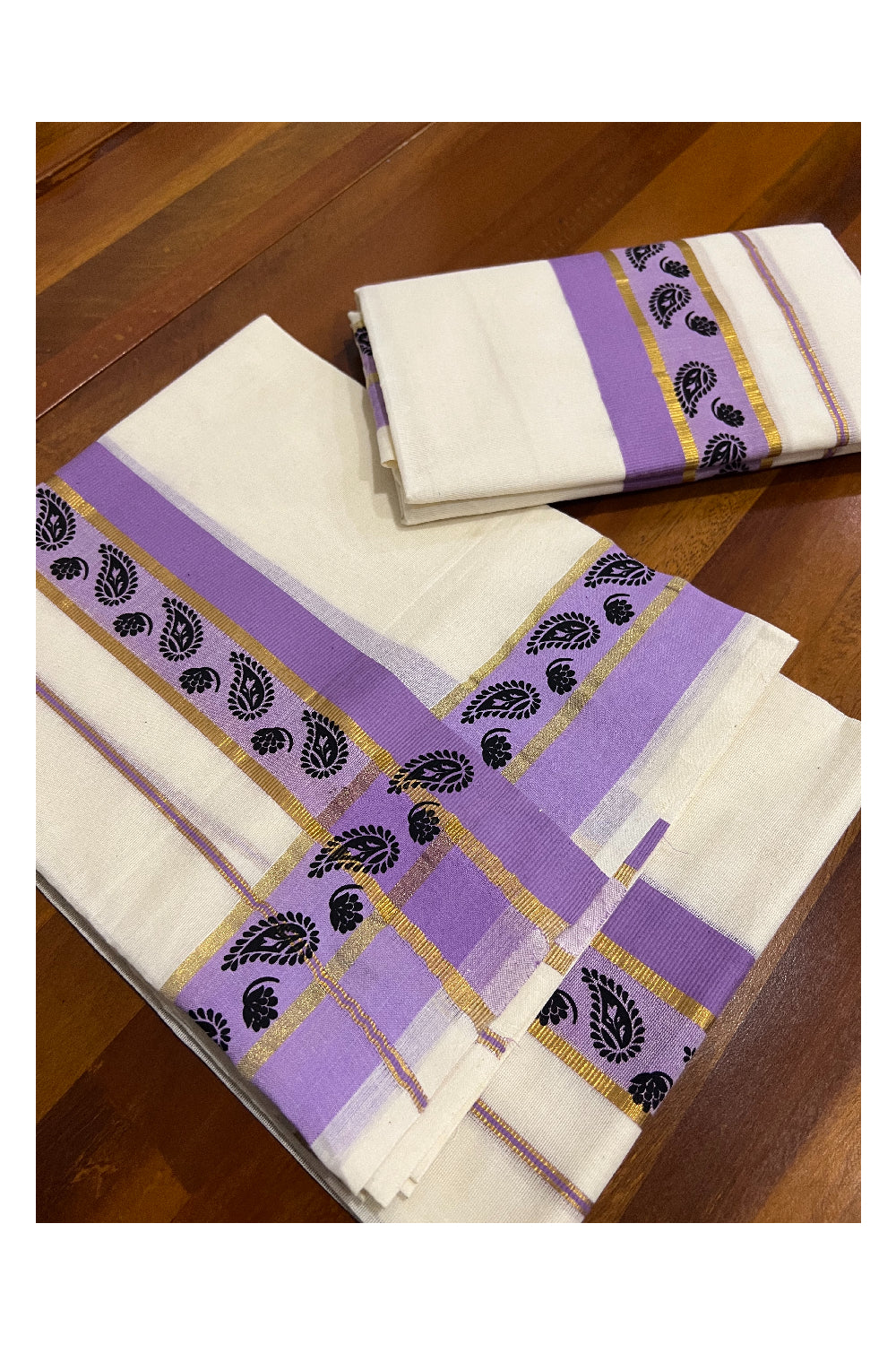 Kerala Cotton Kasavu Set Mundu (Mundum Neriyathum) with Black Paisley Block Prints in Violet Border