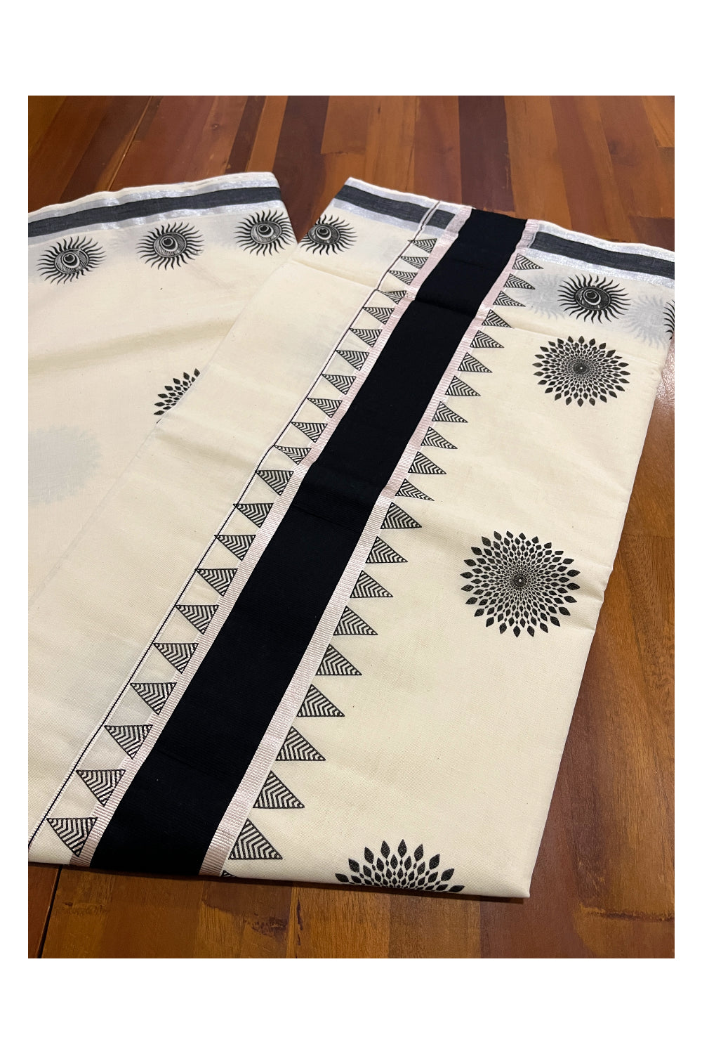 Pure Cotton Kerala Saree with Black Floral Block Prints and Silver Kasavu Border (Onam 2024 Collection)