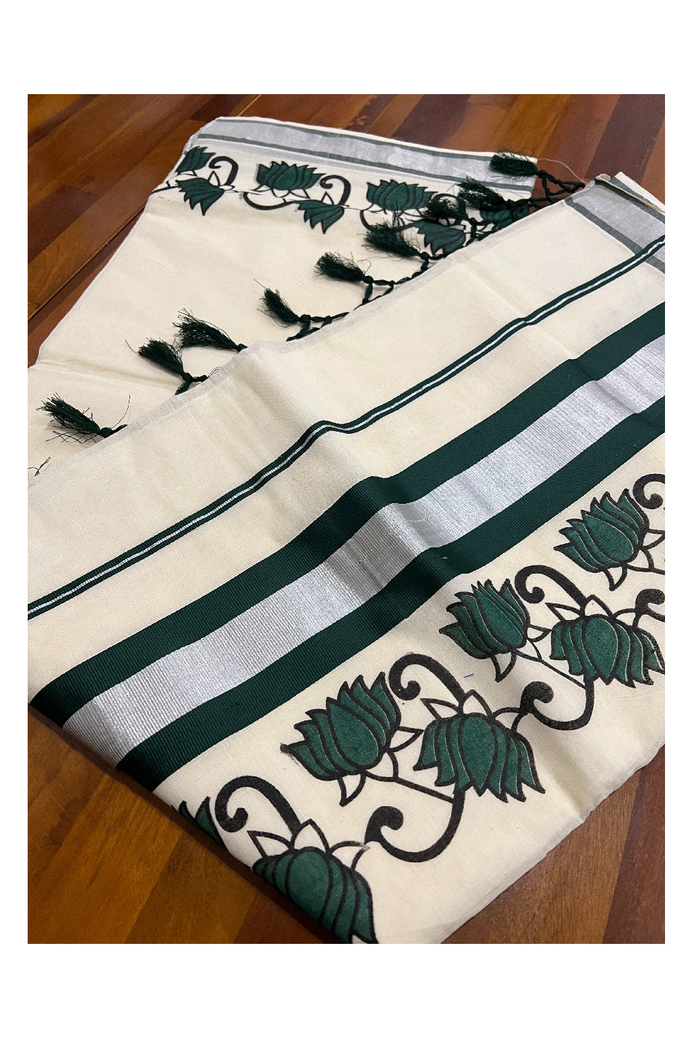 Pure Cotton Kerala Silver Kasavu and Dark Green Border Saree with Mural Floral Prints