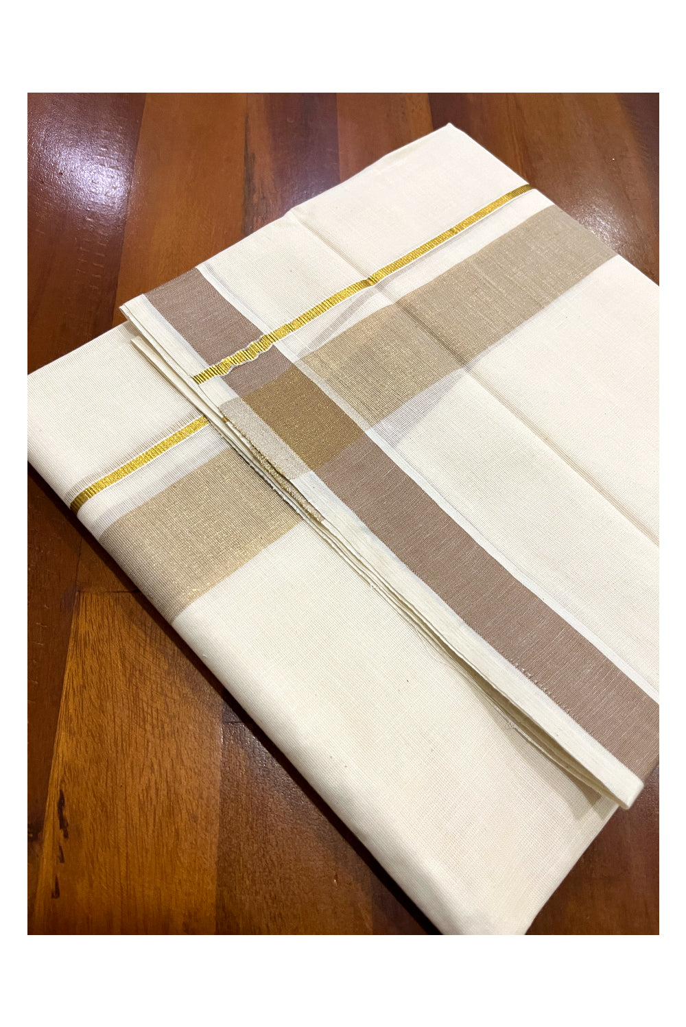 Pure Cotton Double Mundu with Kasavu Light Brown Kara (South Indian Dhoti)