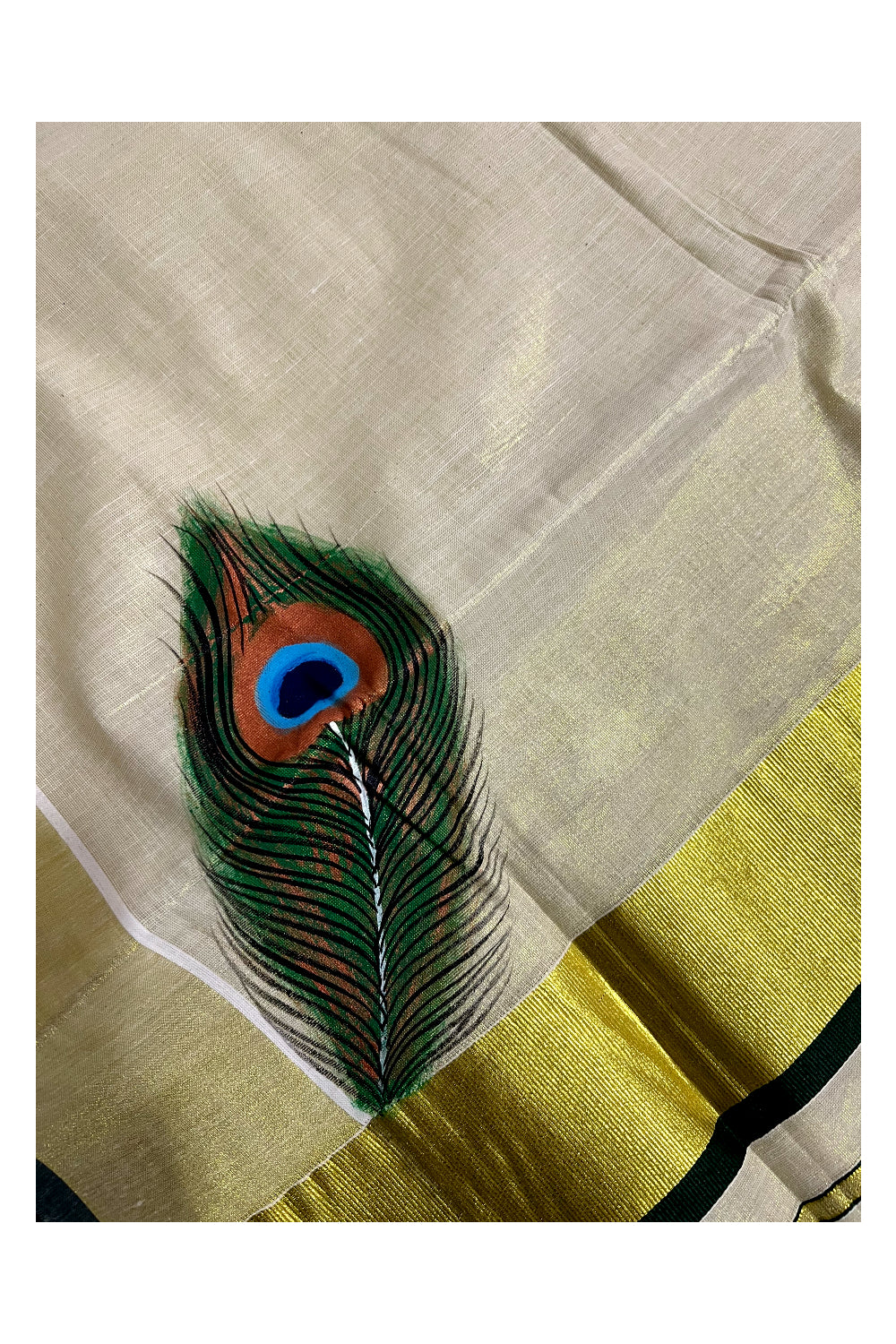 Kerala Tissue Kasavu Saree with Hand Painted Peacock Design and Dark Green Tassels Work