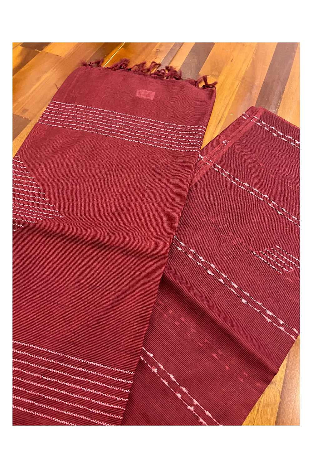 Southloom Dark Brick Red Cotton Designer with White Thread Work