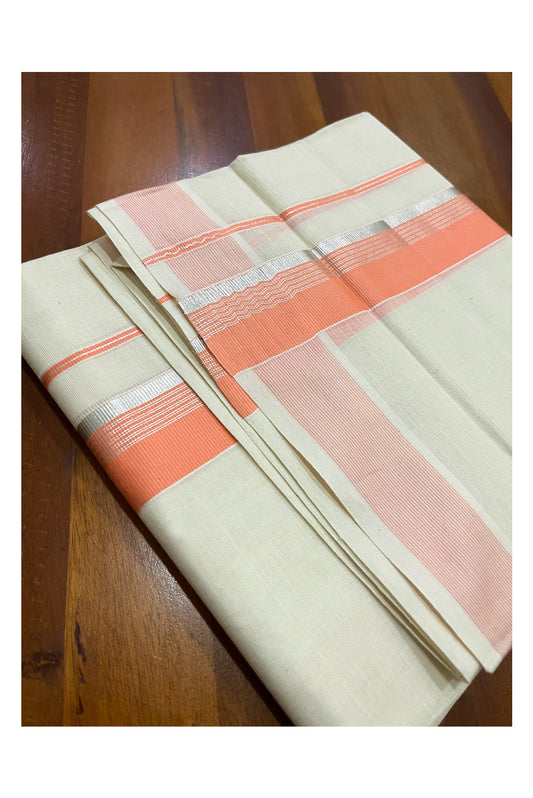 Pure Cotton Double Mundu with Peach and Silver Kasavu Border (South Indian Dhoti)