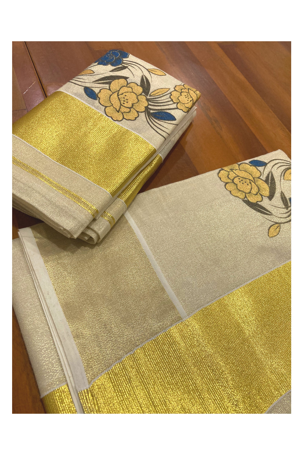 Kerala Tissue Kasavu Set Mundu (Mundum Neriyathum) with Blue and Yellow Floral Mural Printed Design 2.80 Mtrs