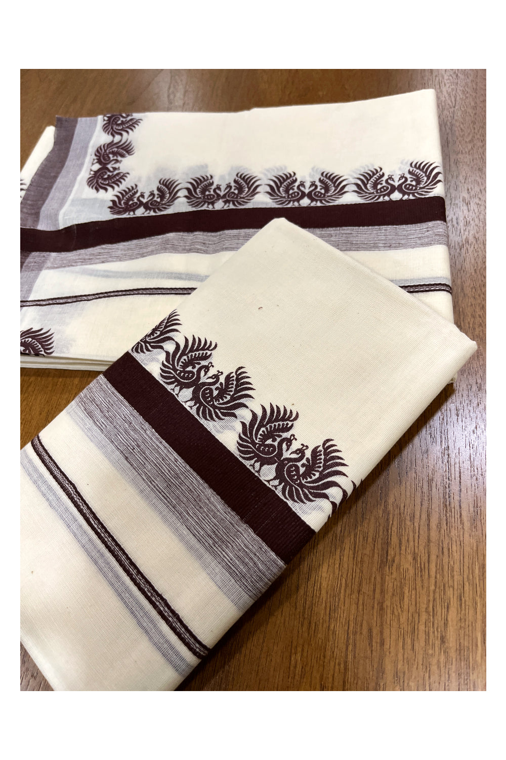 Kerala Cotton Single Set Mundu (Mundum Neriyathum) with Brown Peacock Block Prints on Border