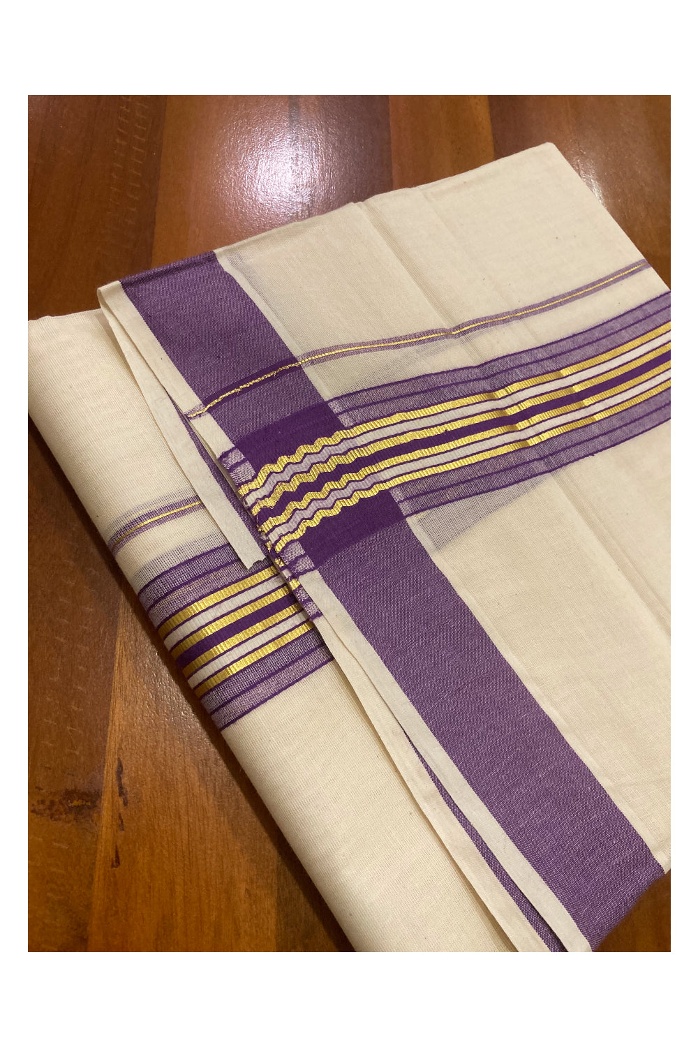 Pure Cotton Off White Double Mundu with Violet and Kasavu Border (South Indian Dhoti)