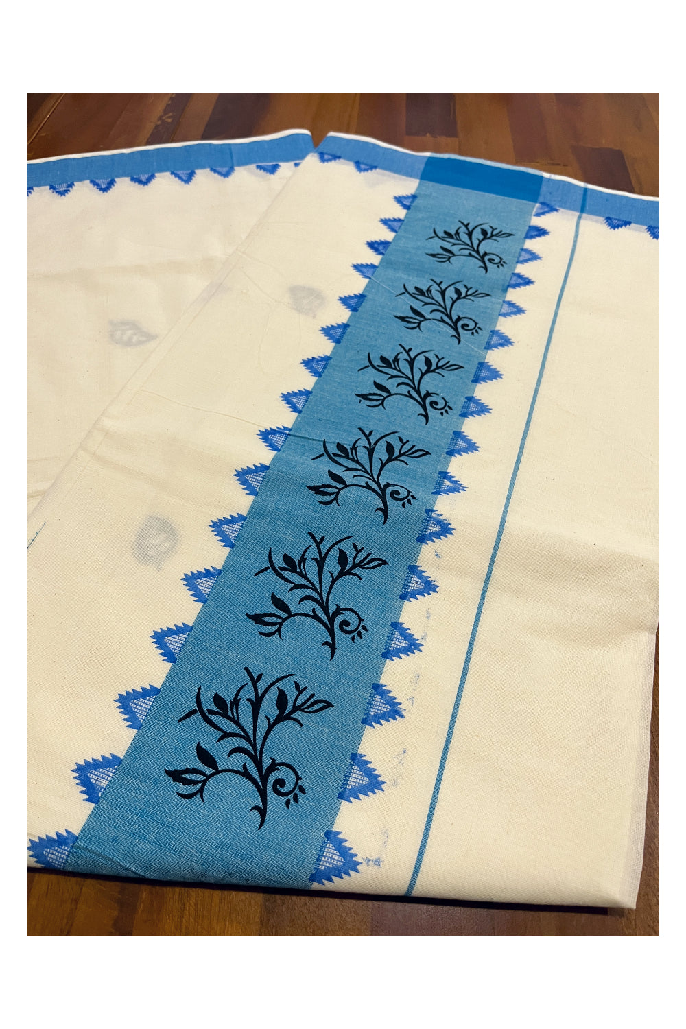 Pure Cotton Off White Kerala Saree with Blue Temple Block Prints on Border (Vishu Saree 2023)