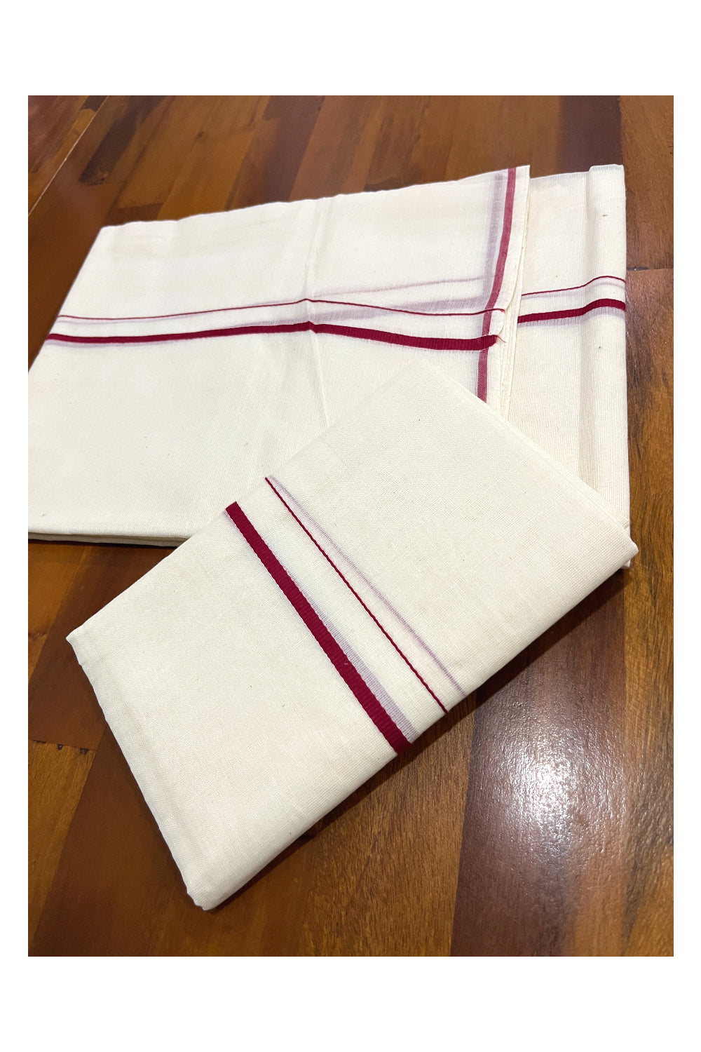 Kerala Cotton Mundum Neriyathum Single (Set Mundu) with Maroon Line Border