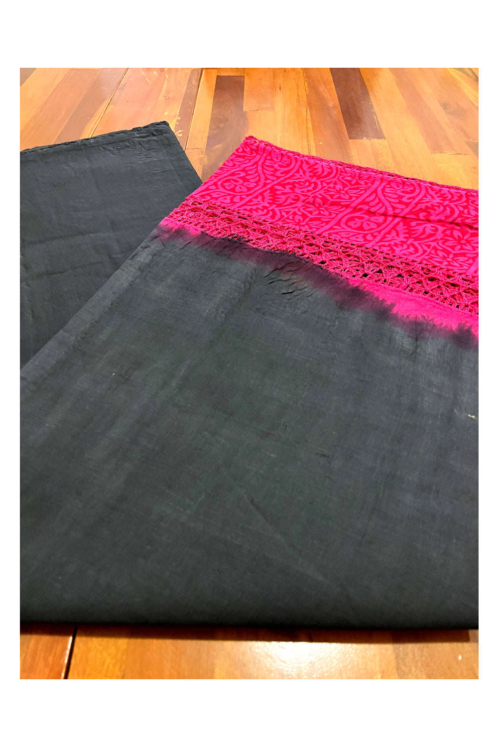 Southloom Pure Cotton Black Saree with Designer Magenta Crochet works on Border