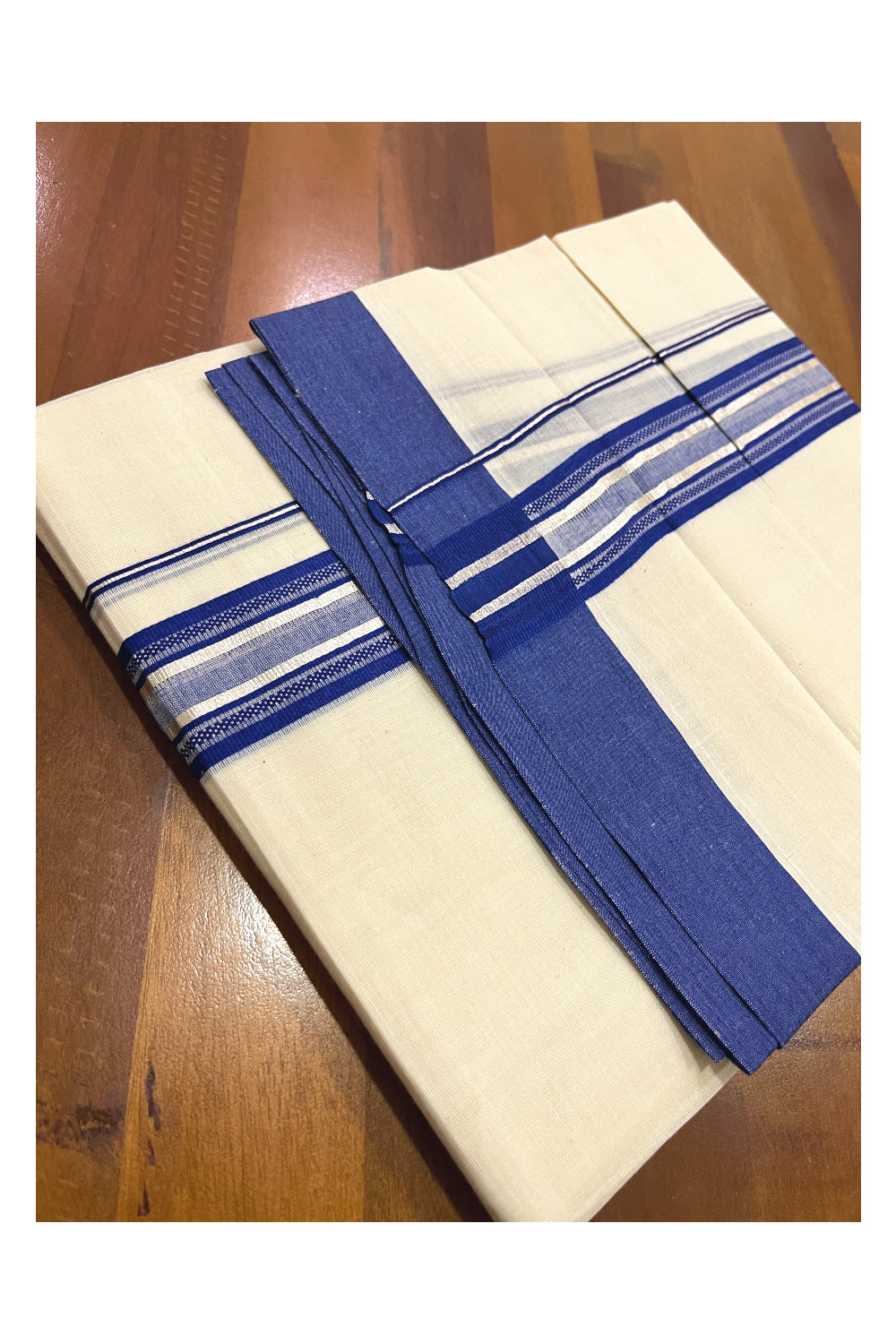 Pure Cotton Off White Double Mundu with Blue and Silver Kara (South Indian Dhoti)