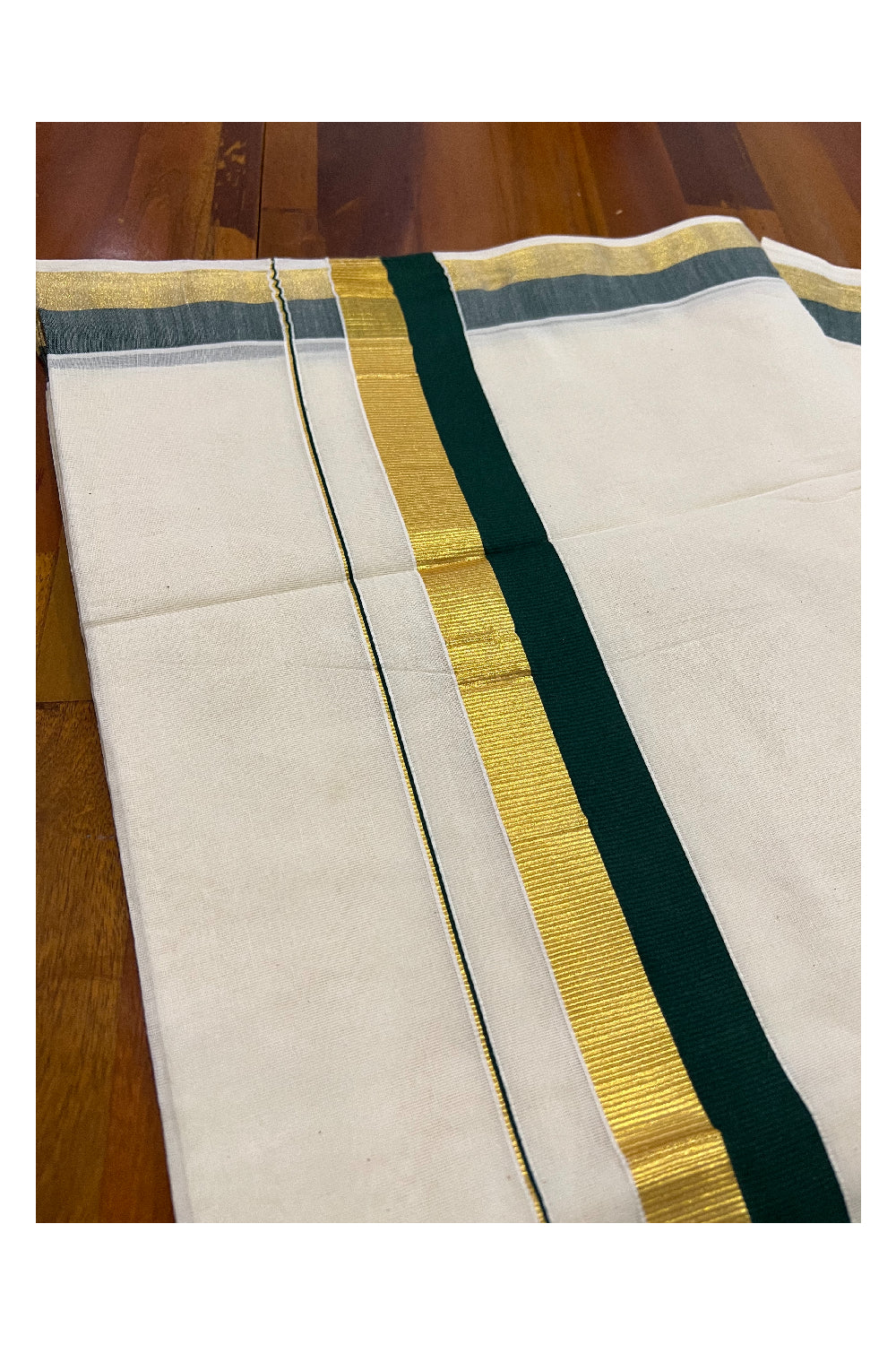 Kerala Pure Cotton Plain Saree with Kasavu Dark Green 2 inch Border and Pallu