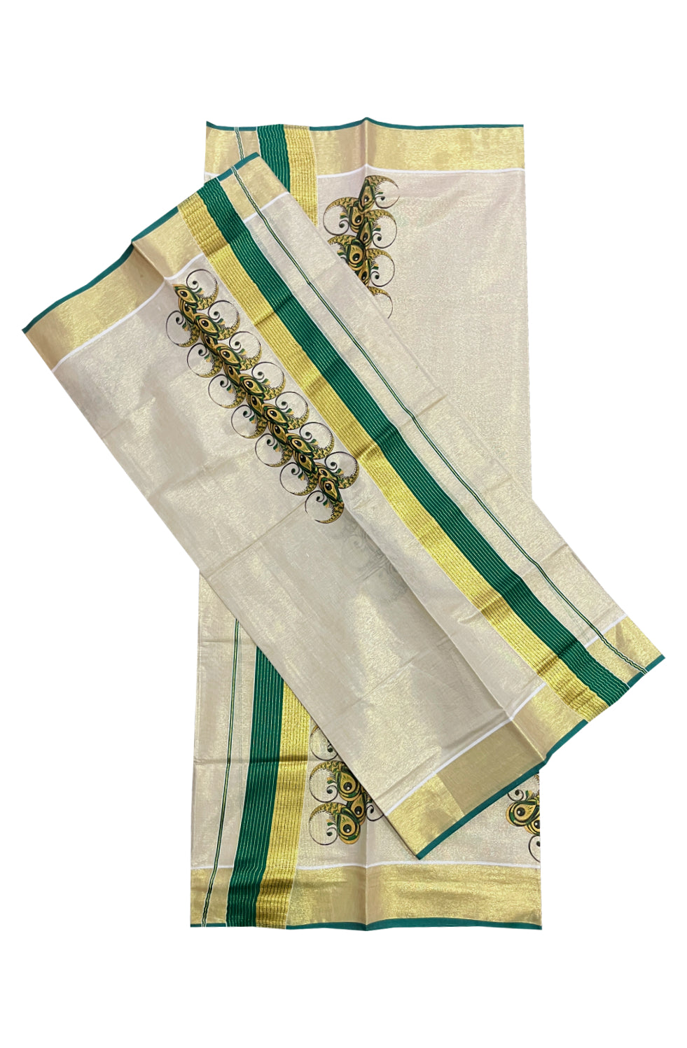 Kerala Tissue Set Mundu (Mundum Neriyathum) with Block Prints on Green and Kasavu Border 2.80 Mtrs