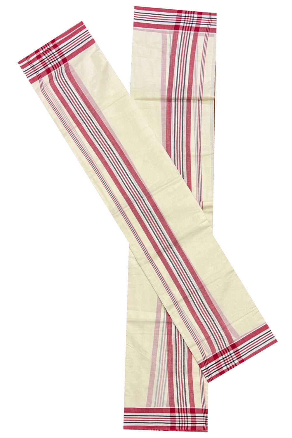 Kerala Cotton Mundum Neriyathum Single (Set Mundu) with Red and Green Mulloth Border (Extra Soft Cotton)