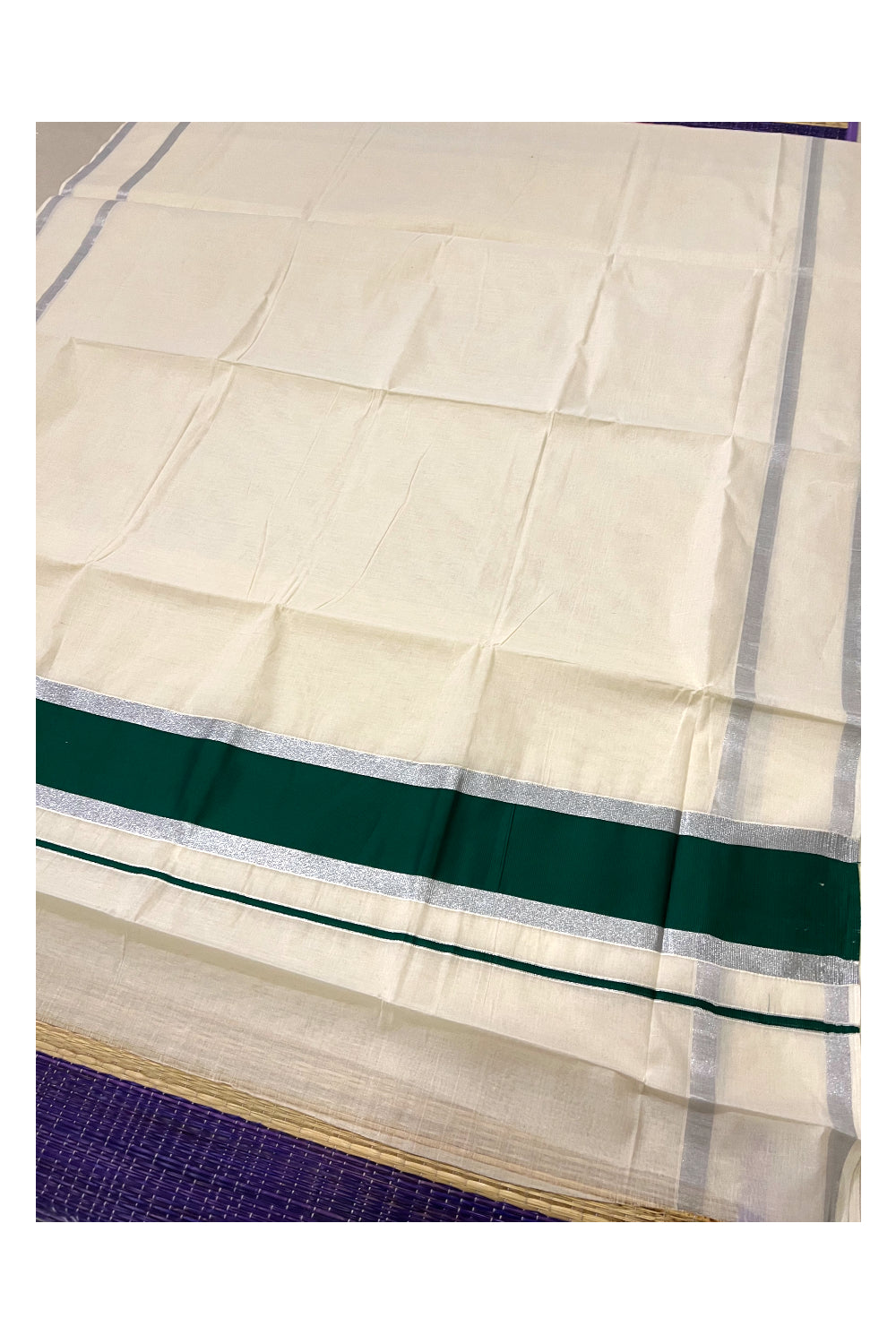 Pure Cotton Kerala Plain Saree with Silver Kasavu and Green Pallu