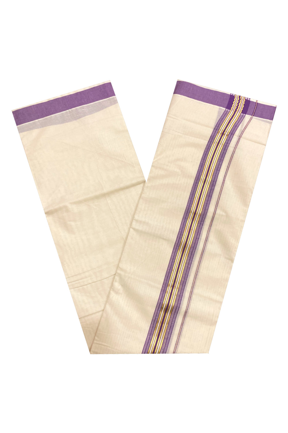 Pure Cotton Off White Double Mundu with Violet and Kasavu Border (South Indian Dhoti)