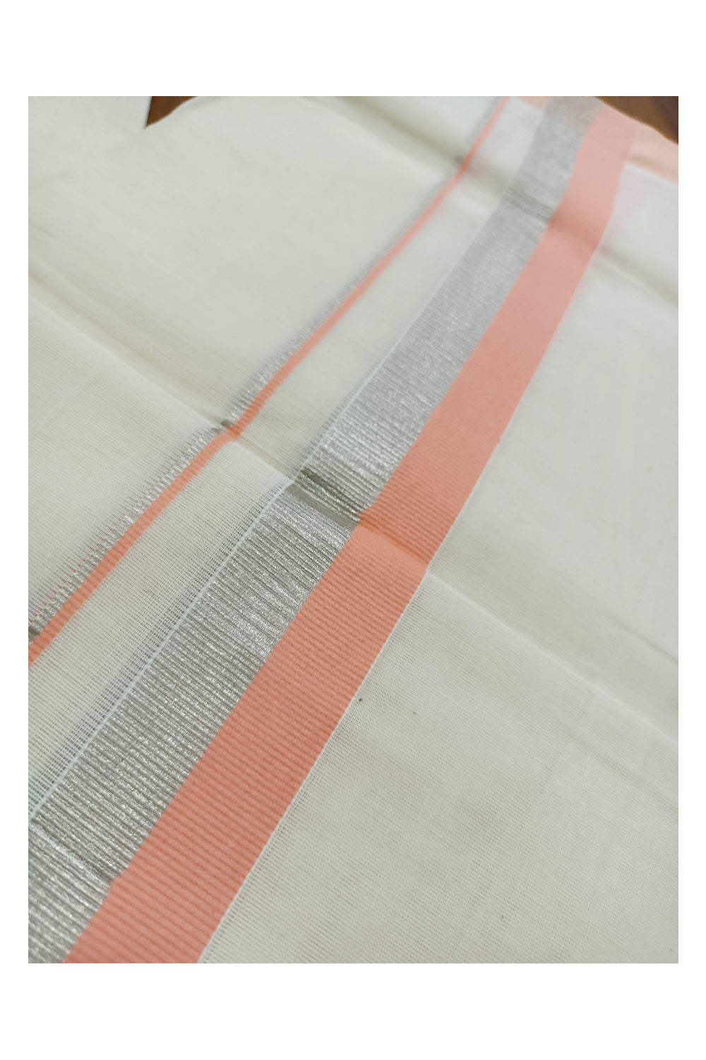 Off White Kerala Double Mundu with Silver Kasavu and Sandal Colour Kara (South Indian Dhoti)