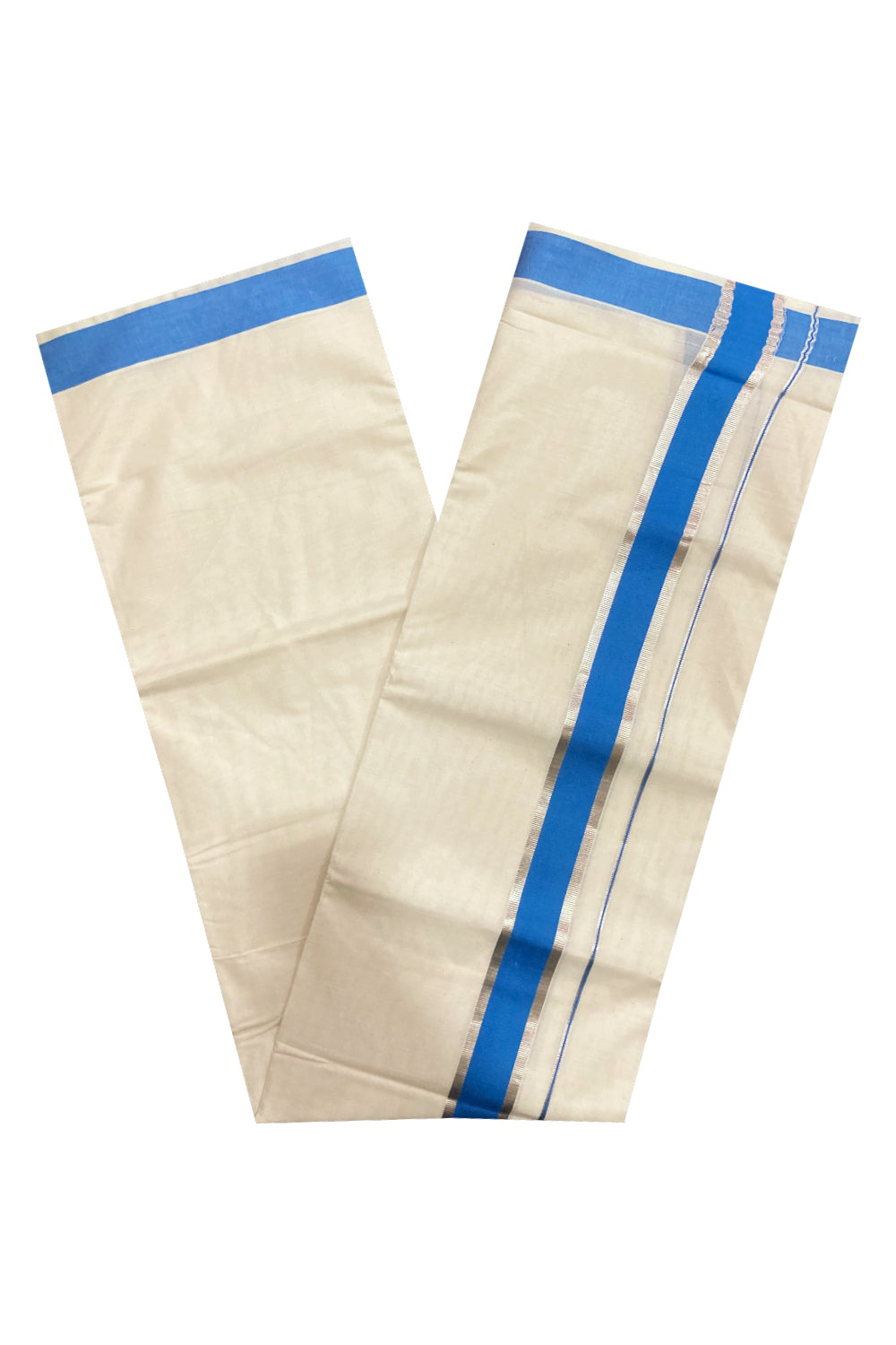 Pure Cotton Double Mundu with Blue and Silver Kasavu Border (South Indian Kerala Dhoti)