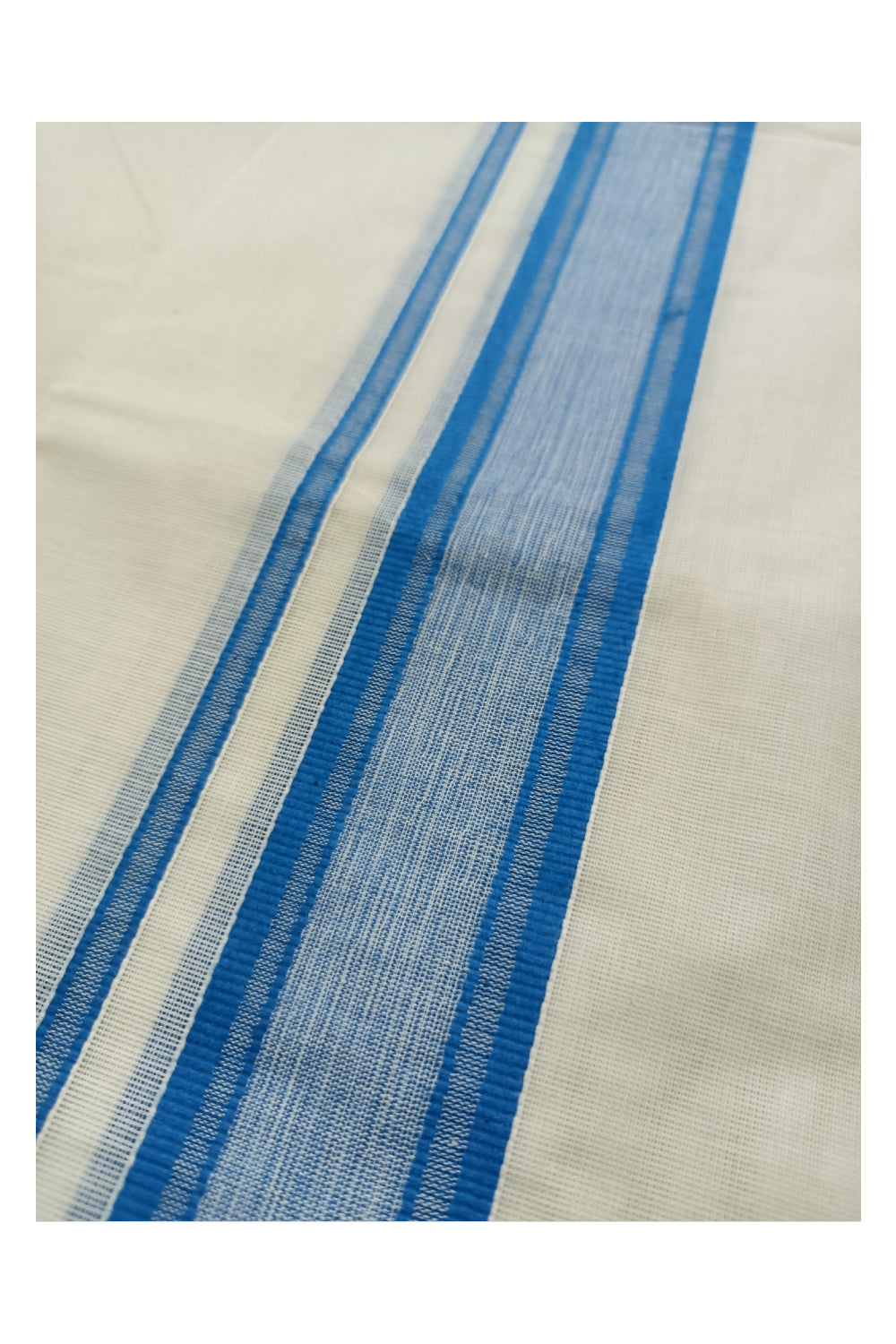 Off White Kerala Double Mundu with Blue Kara (South Indian Dhoti)