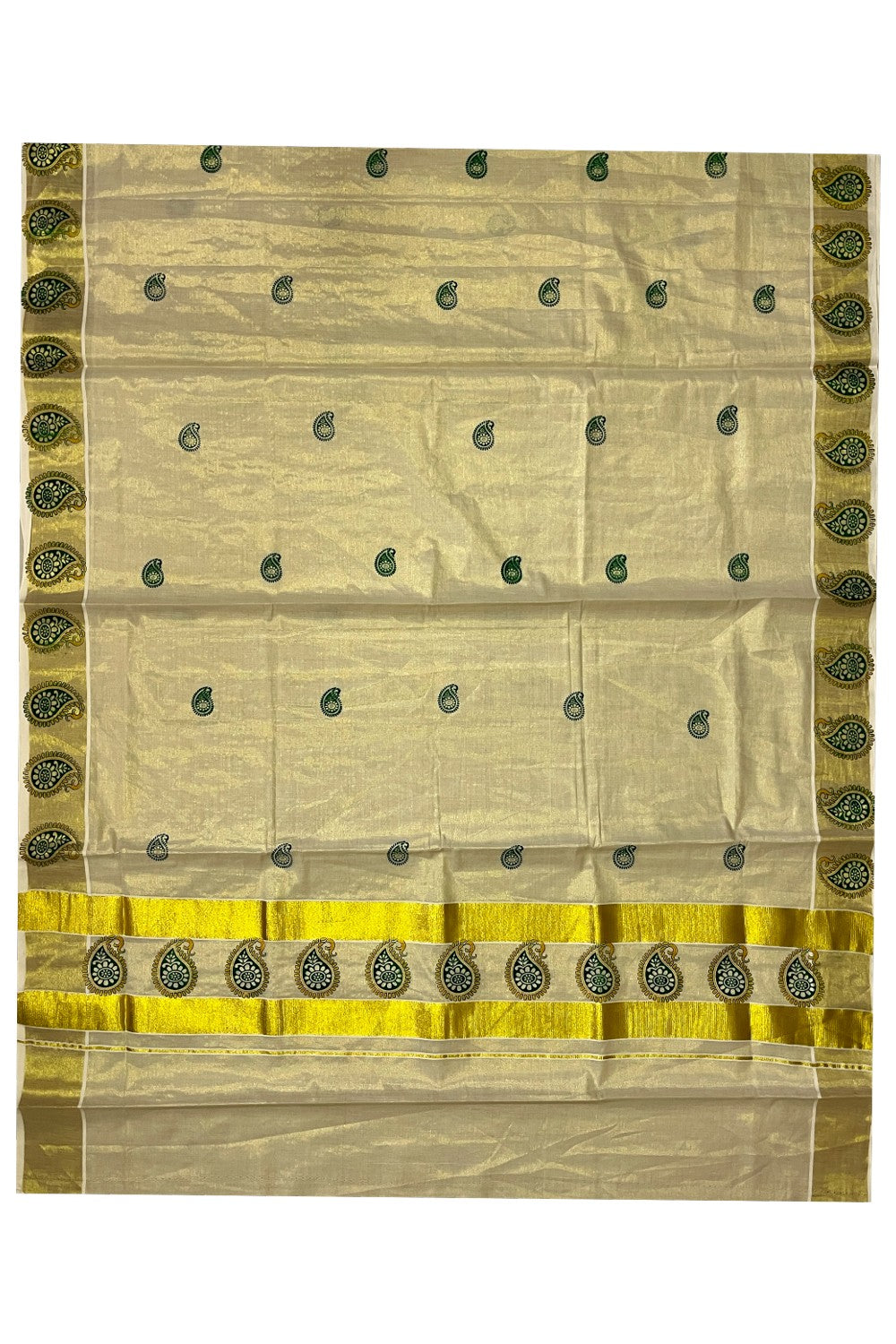 Kerala Tissue Kasavu Green Paisley Block Printed Design Saree