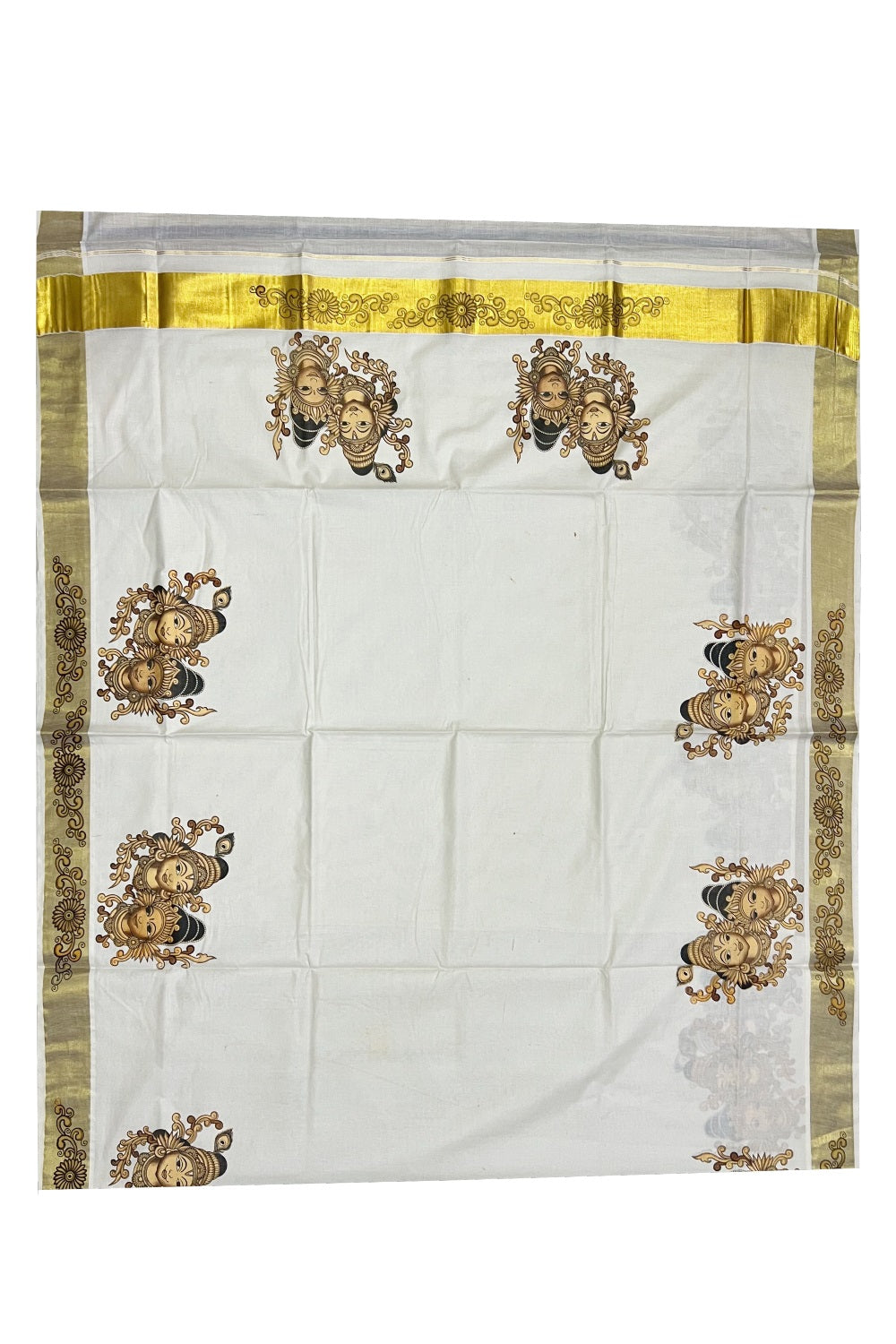 Pure Cotton Kerala Kasavu Saree with Mural Printed Brown Krishna Radha Face Art Design