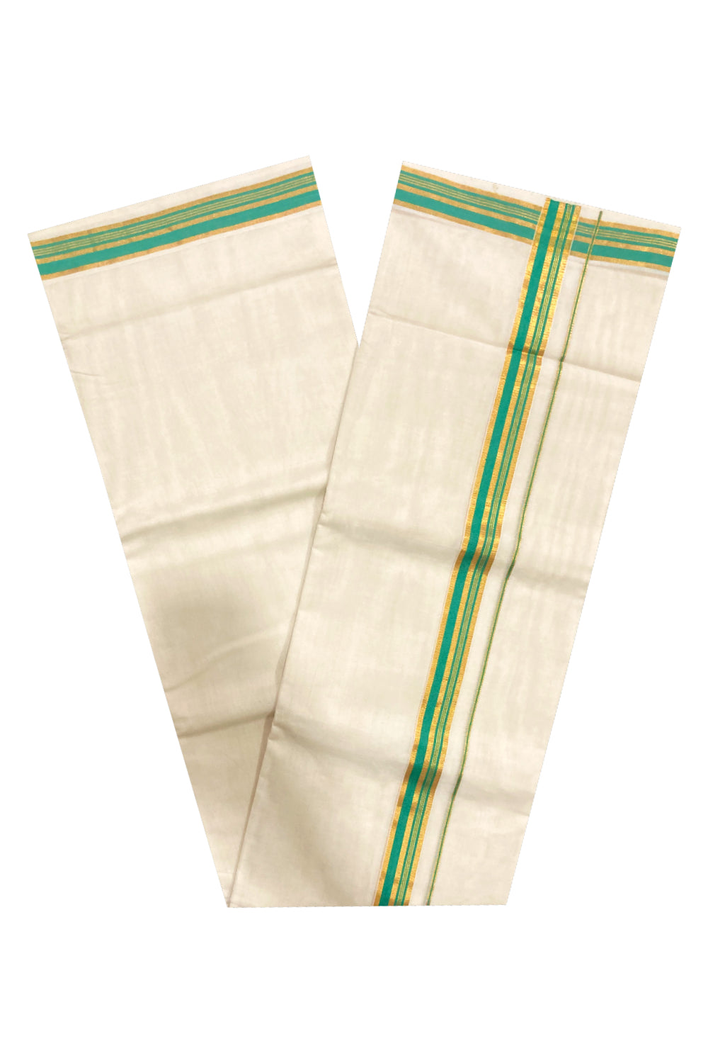 Southloom Premium Handloom Pure Cotton Mundu with Kasavu and Green Line Border (South Indian Dhoti)