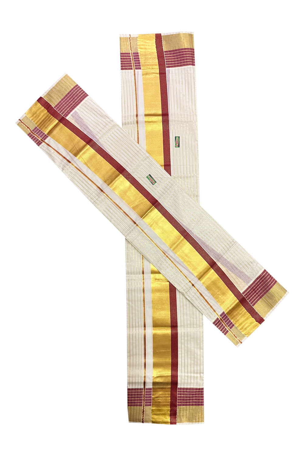 Kerala Cotton Set Mundu (Mundum Neriyathum) with Kasavu Lines on Body and Maroon Border 2.80 Mtrs