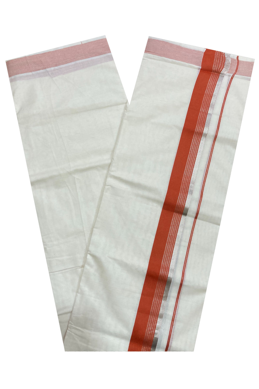 Pure Cotton Double Mundu with Dark Orange and Silver Kasavu Border (South Indian Kerala Dhoti)