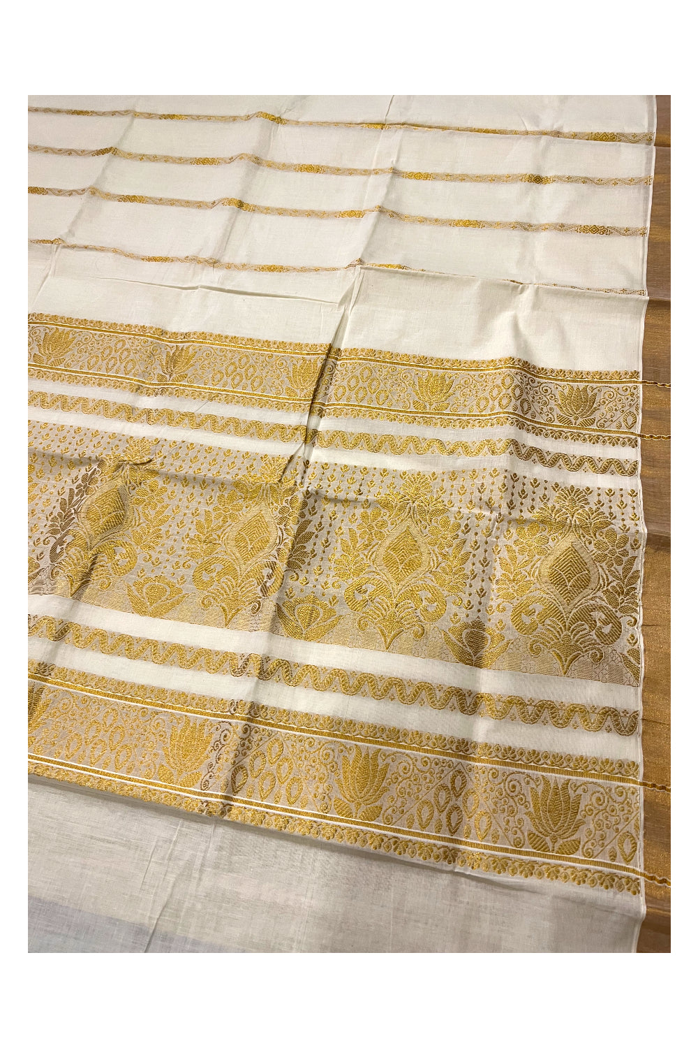 Pure Cotton Kerala Kasavu Heavy Work Saree with Floral Woven Design